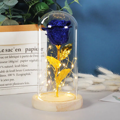 Eternal rose in glass dome with LED string lights, colour options include red, gold, grey, rose red, blue, pink