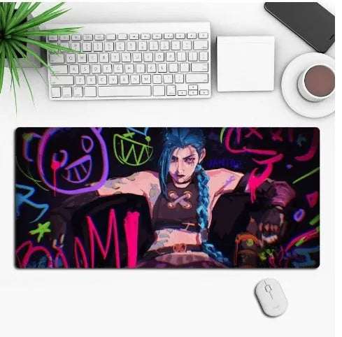 Anime-themed large black gaming mouse pad with custom graphic on a non-slip rubber cloth base.