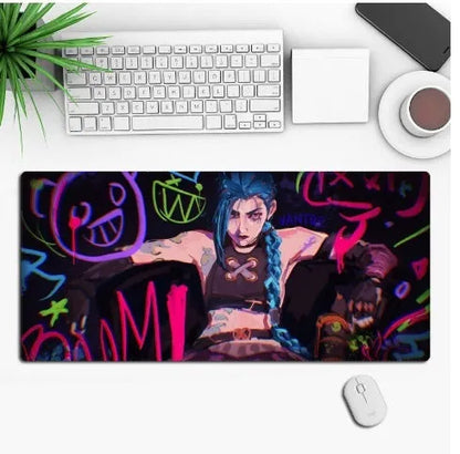 Anime-themed large black gaming mouse pad with custom graphic on a non-slip rubber cloth base.