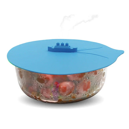 Creative silicone pot lid in blue color, designed with a unique shape and hook for easy storage