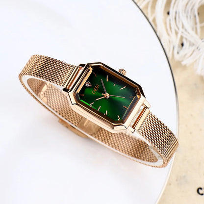 Women's square retro casual watch with rose gold shell case in various colour combinations