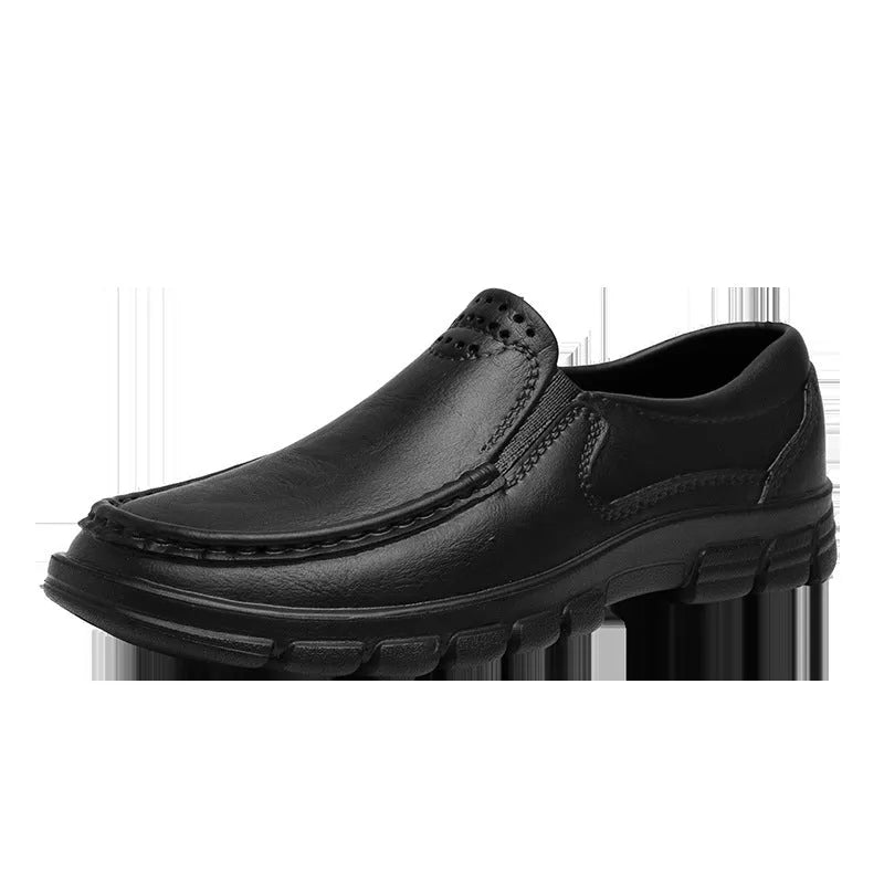 Men's black slip-on leather shoes with platform heel and round toe design