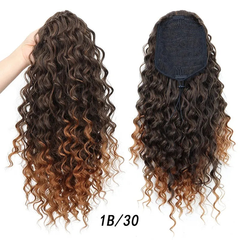 Small curly wave drawstring ponytail wig in gradient brown shades on display