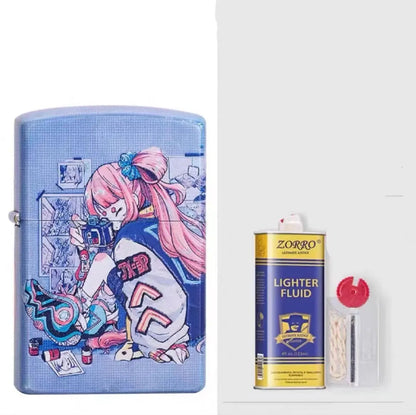 Windproof kerosene lighter with grinding wheel, pure copper case, shown with artistic design options.
