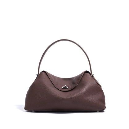 Cowhide leather shoulder messenger bag in a pillow shape with an open pocket and adjustable double straps.