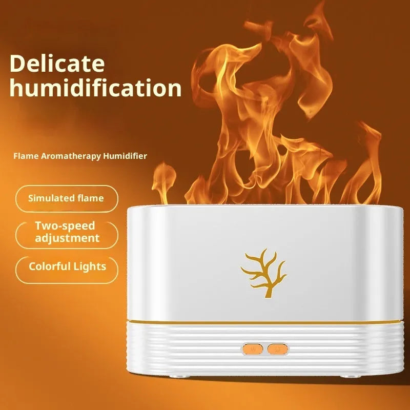 Square plastic 3D simulation flame aroma diffuser, USB powered, 5W, white or black, with ambience light and timer