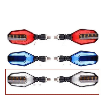 Pair of motorcycle LED indicator signal lights showing the two-colour light guide and 30 LED design.