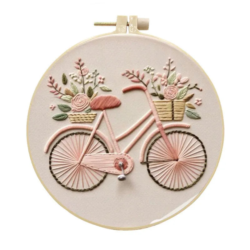 15cm embroidery kit with cartoon pattern on cotton linen fabric and bamboo frame