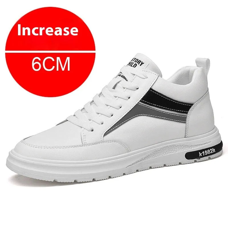 Men's white and black low-top casual sneakers with round toe and lace-up front, showcasing sewing line detail.