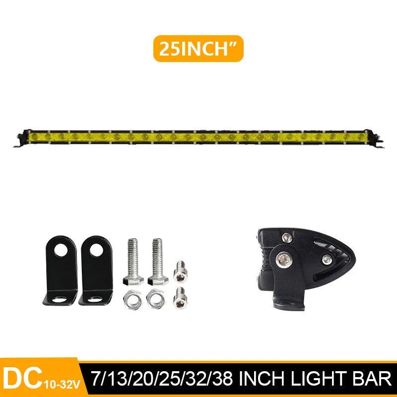 25-inch long aluminium single row LED light bar with mounting brackets and screws.
