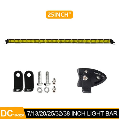 25-inch long aluminium single row LED light bar with mounting brackets and screws.
