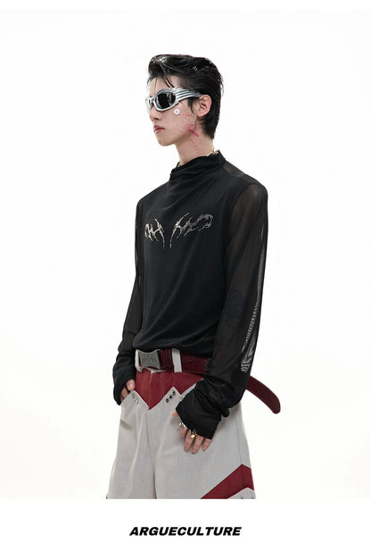Black and white long sleeve slim fit mesh bottoming shirt laid flat.