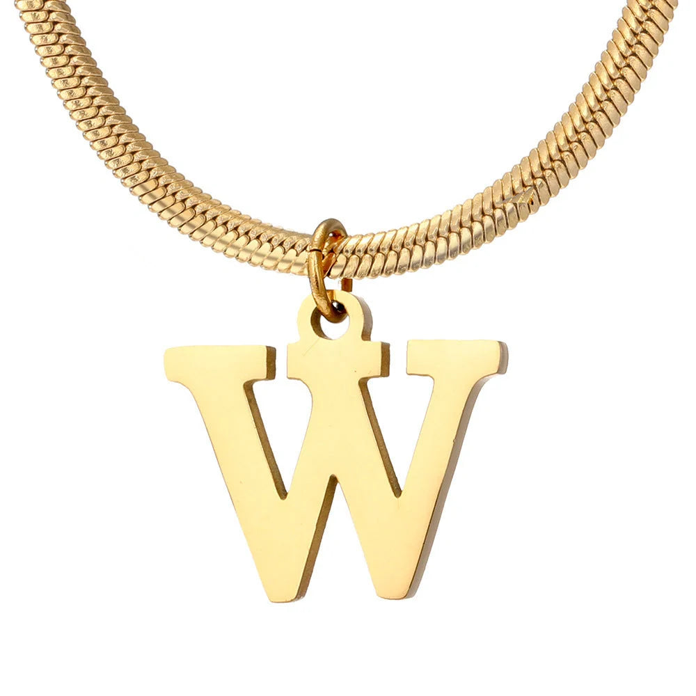Elegant gold A-Z letter pendant necklace on a snake chain