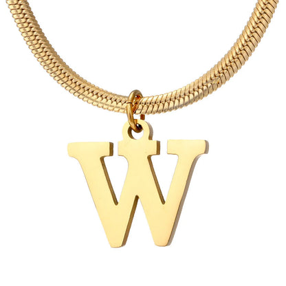 Elegant gold A-Z letter pendant necklace on a snake chain