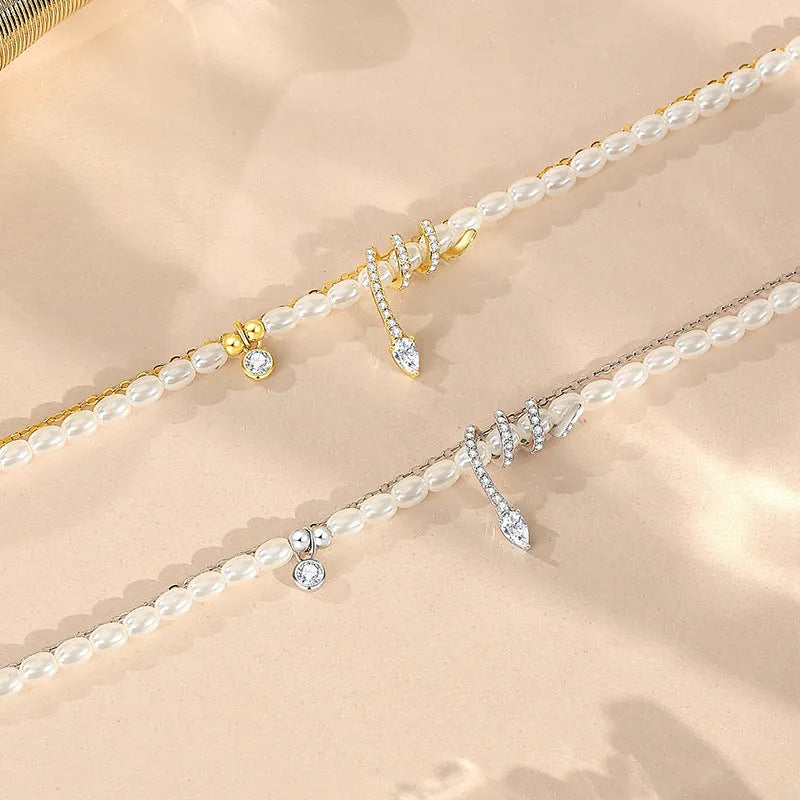 925 Sterling Silver Snake Year Beaded Bracelet for Women - Zodiac Animal New Chinese Style Geometry Pearl Snake Bracelet in 14k Gold or White Gold Colour Electroplated Finish