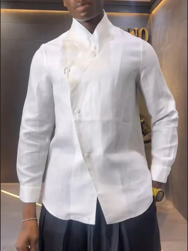 White asymmetric long-sleeve shirt and black pleated trousers casual polyester set.