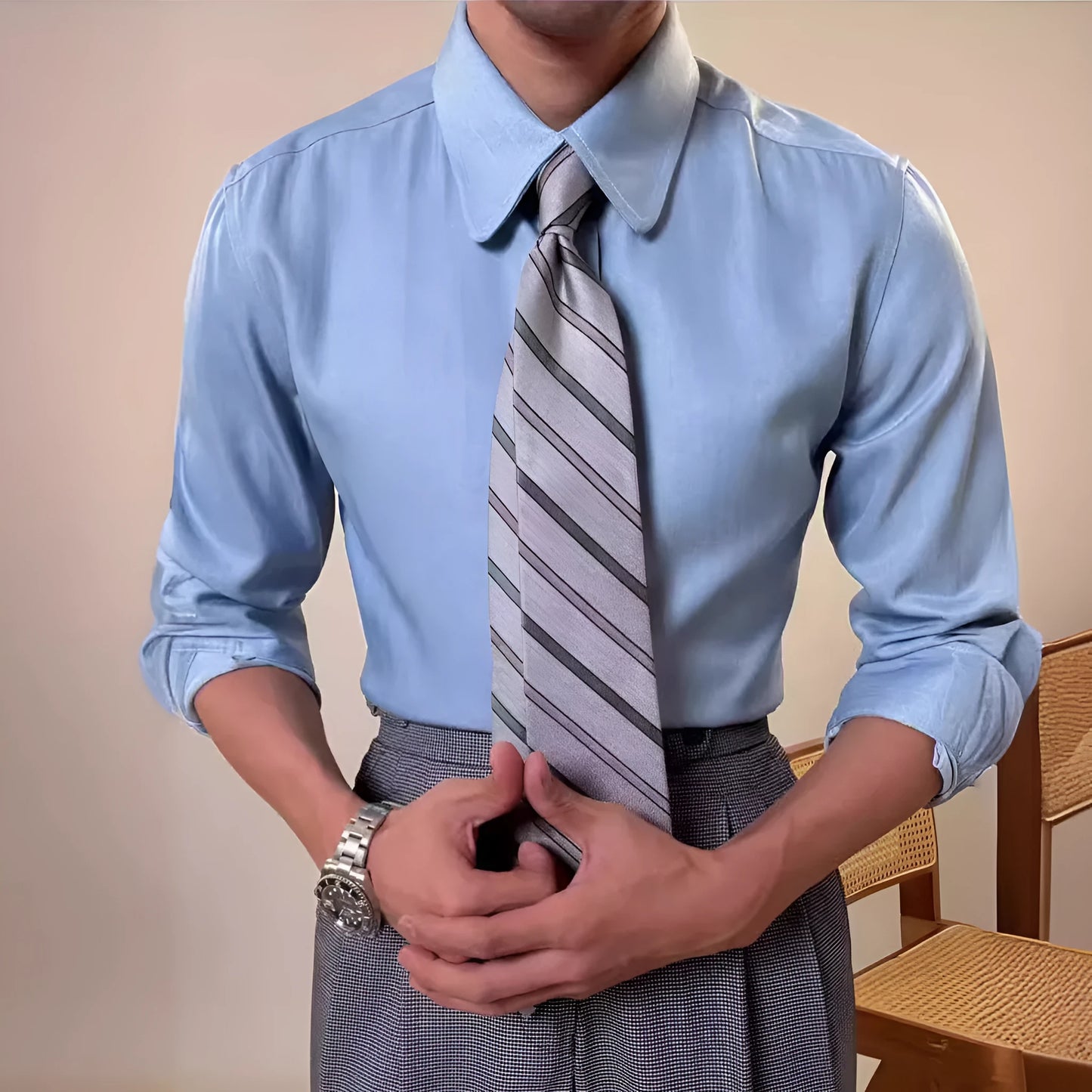 Men's round collar long sleeve shirt in slim fit available in sky blue and denim blue colours