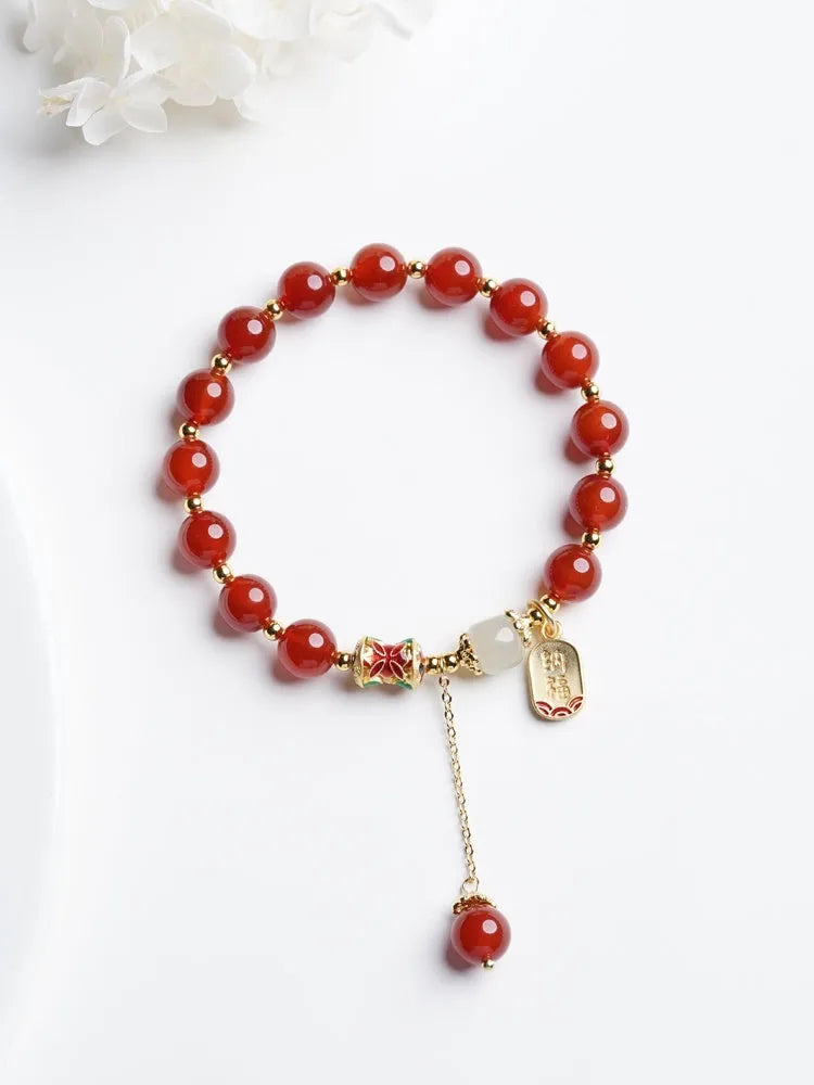 Women's red agate and Hetian jade bracelet with gold plating in original design