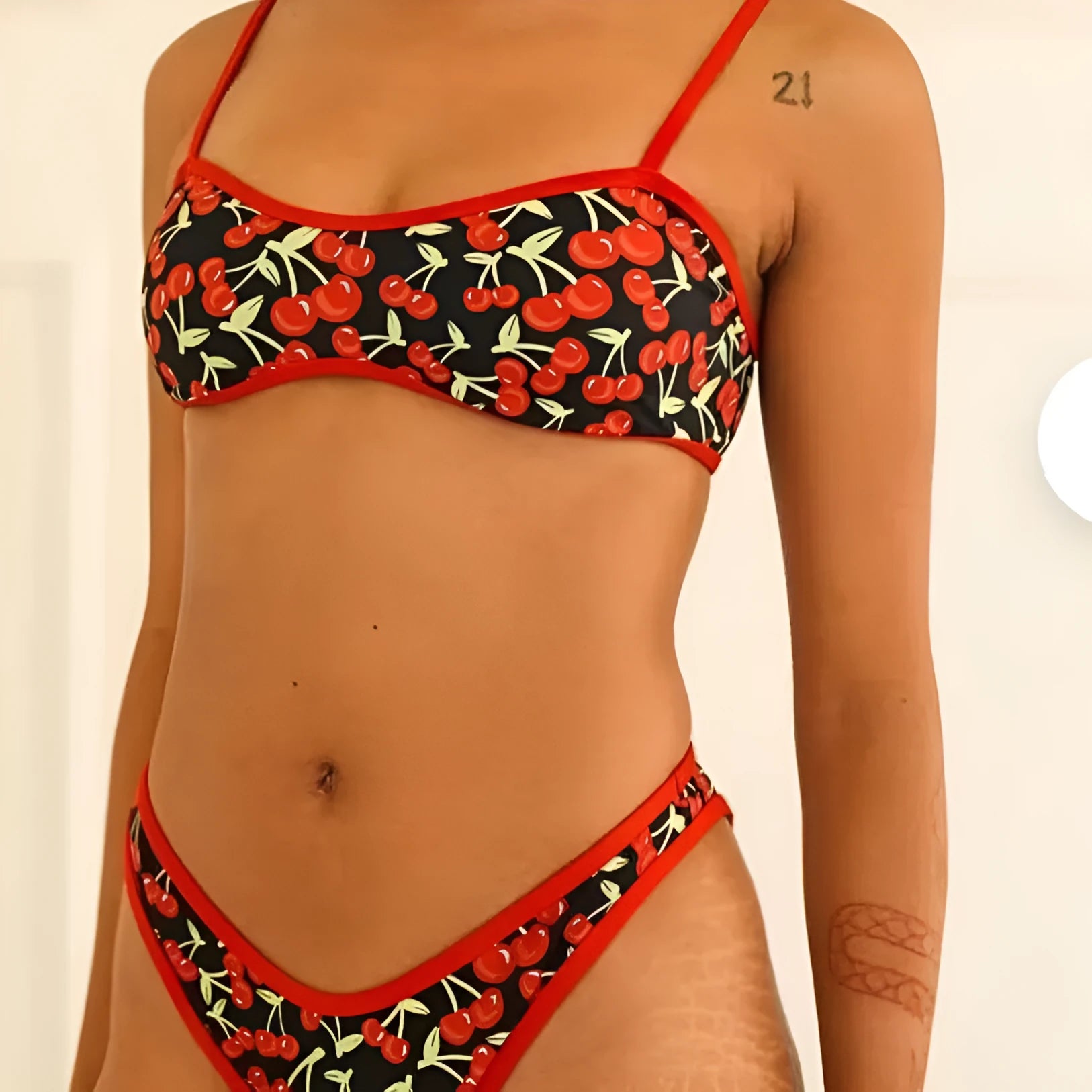 Women's cherry print polyester bikini swimsuit with tube top and briefs
