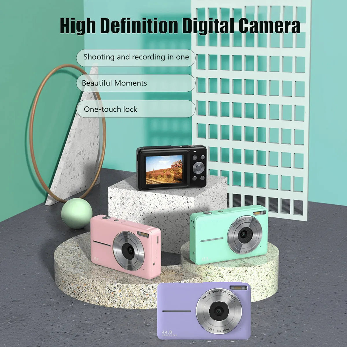 Colourful children's mini digital camera with large screen, showing black, pink and green options with lanyard.