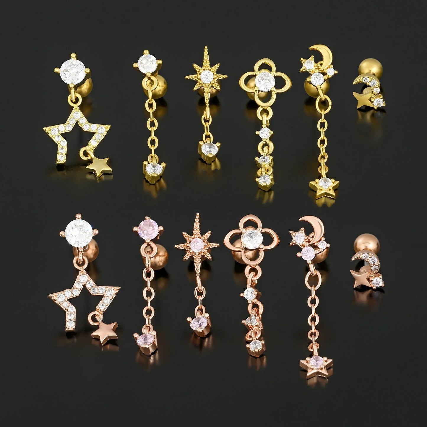 Stylish Star Moon Cubic Zirconia Cartilage Earring in gold and white