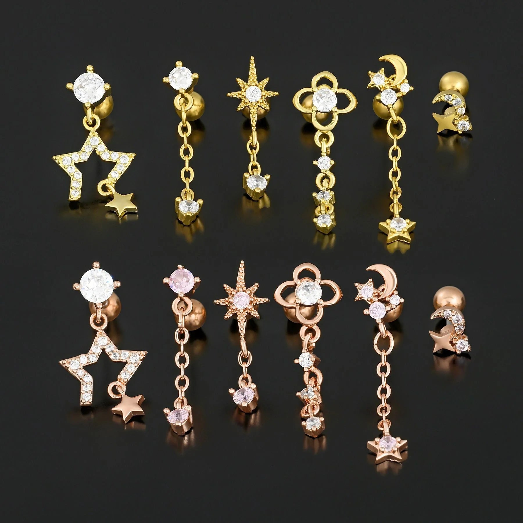 Stylish Star Moon Cubic Zirconia Cartilage Earring in gold and white
