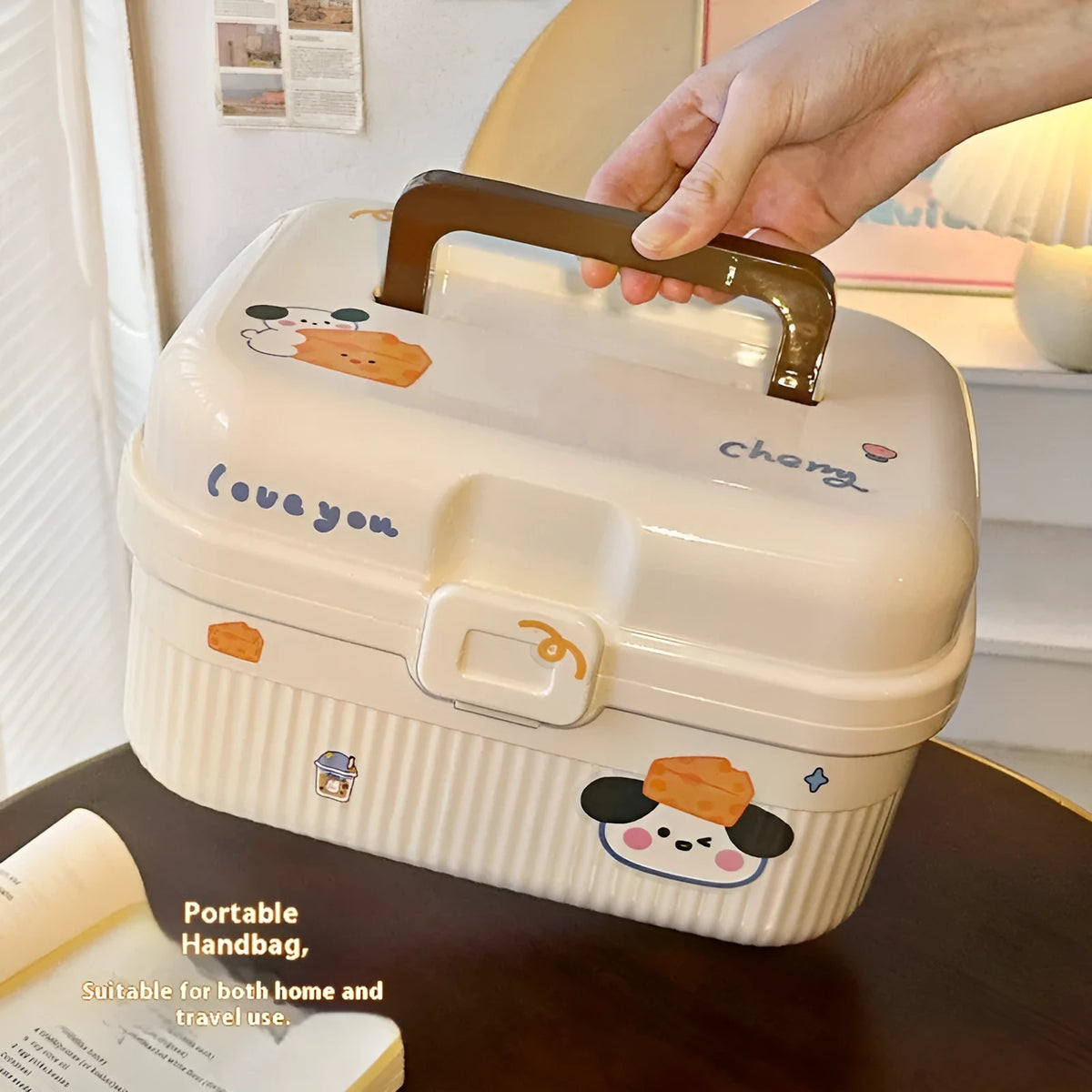 A white double-layer plastic storage box with large capacity, shown with a selection of large, medium, and small stickers.