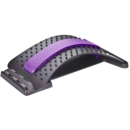 Black back massager with magnetic acupuncture points and adjustable stretch settings on grey background