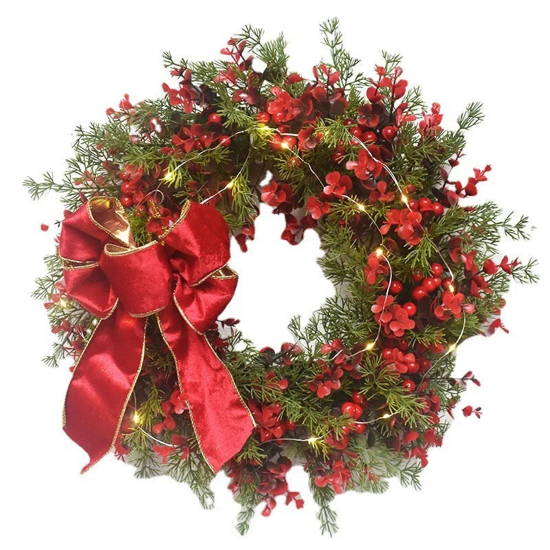45cm artificial cherry pattern Christmas wreath with LED lights for festive decoration