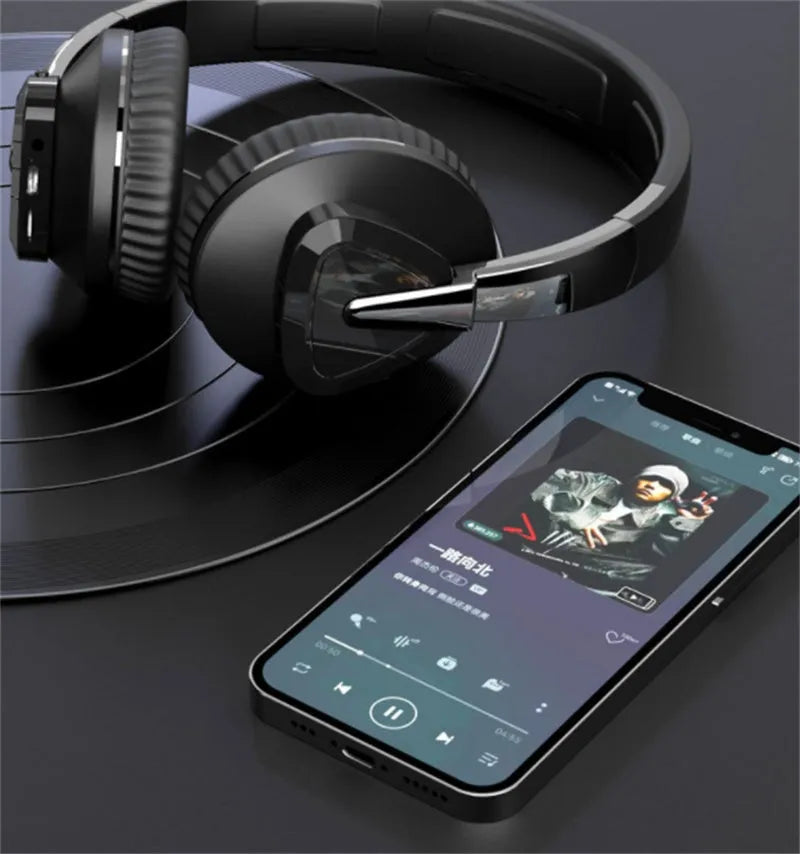 H3 wireless over-ear headset in black showing AUX port and on-ear controls.