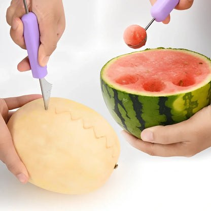 Stackable fruit tool set showing melon baller, V-shaped carver, and dual scoops in 24cm compact design