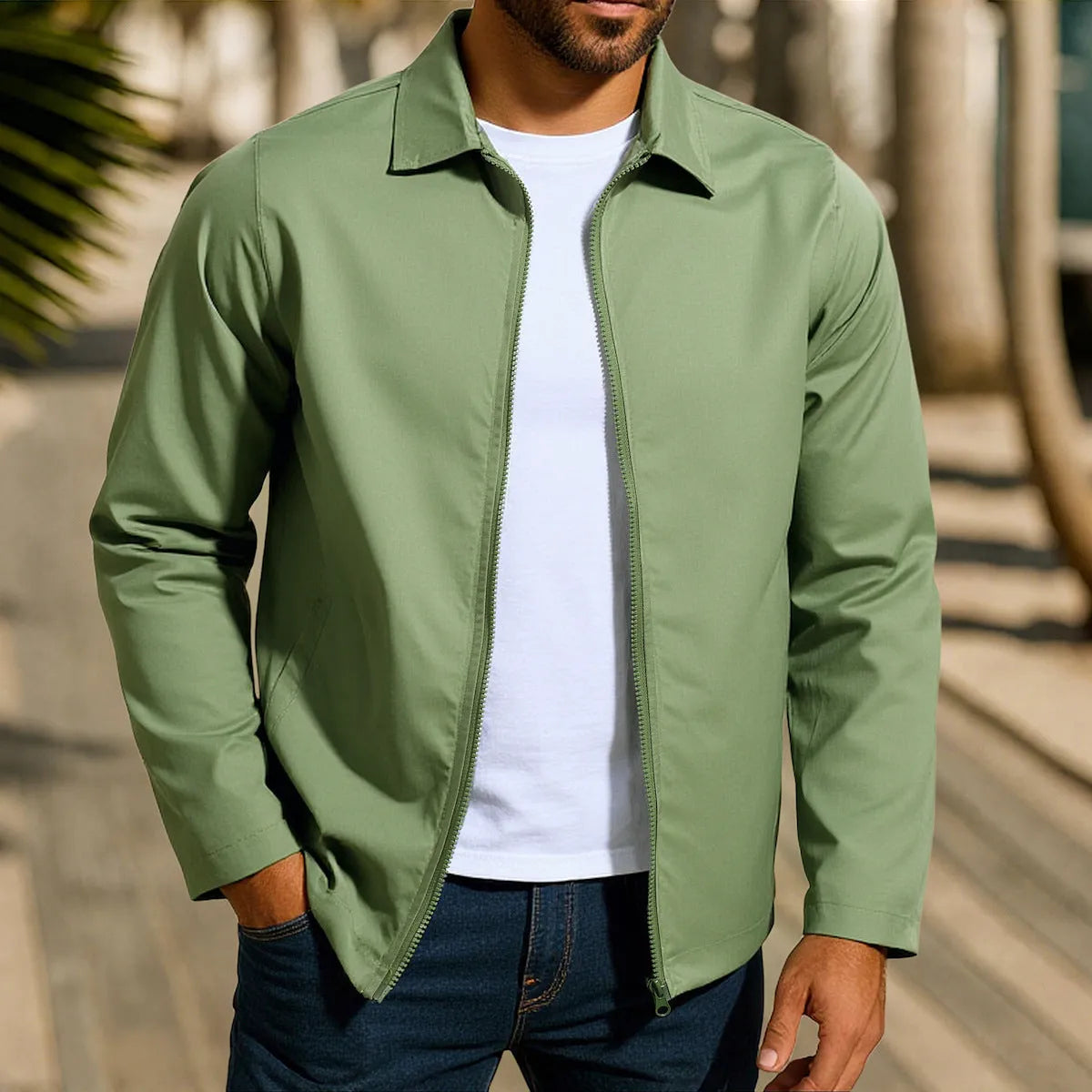 Men's green zip-up cardigan jacket with raglan sleeves on a hanger.