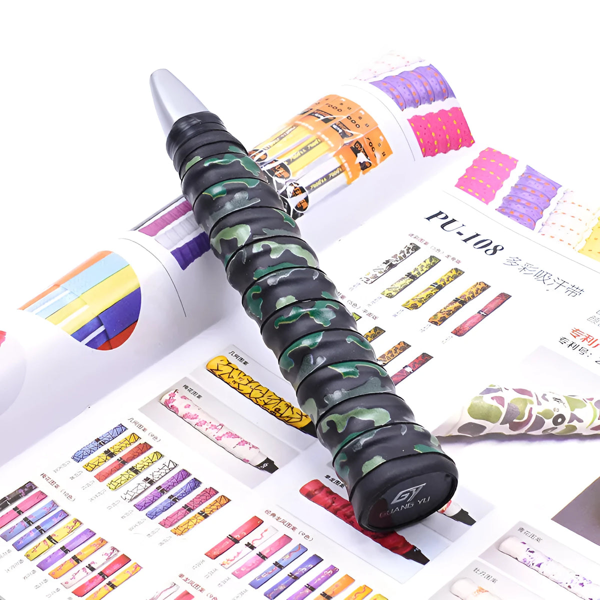 Roll of PU camouflage print grip tape for badminton rackets and fishing rods in multiple colour options.