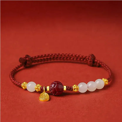 Women's Hetian jade and cinnabar red rope bracelet with adjustable 925 silver chain