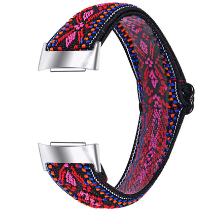 Printed elastic watch strap compatible with Fitbit Charge 6 shown in adjustable position
