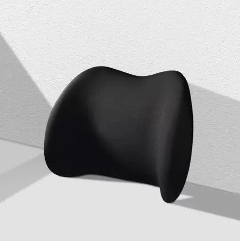 Black memory cotton car headrest cushion and matching lumbar support cushion on a car seat.
