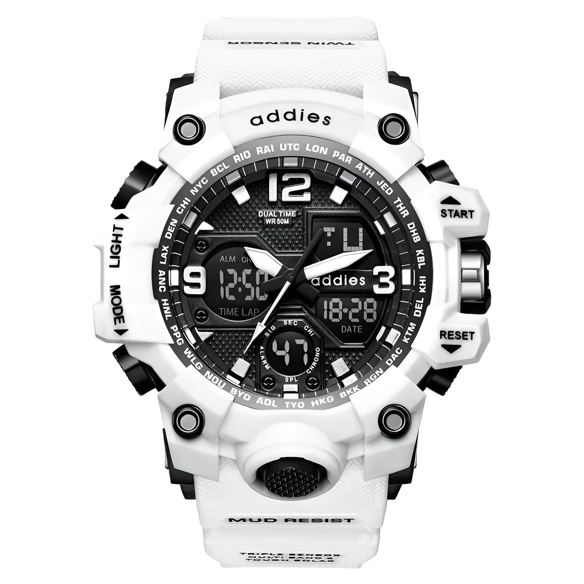 Electronic sports watch with dual analogue and digital display, plastic case, 50m waterproof, multiple colour options