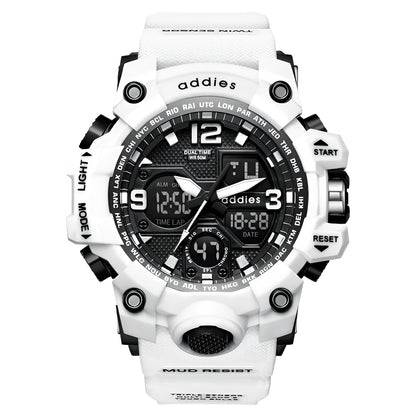 Electronic sports watch with dual analogue and digital display, plastic case, 50m waterproof, multiple colour options