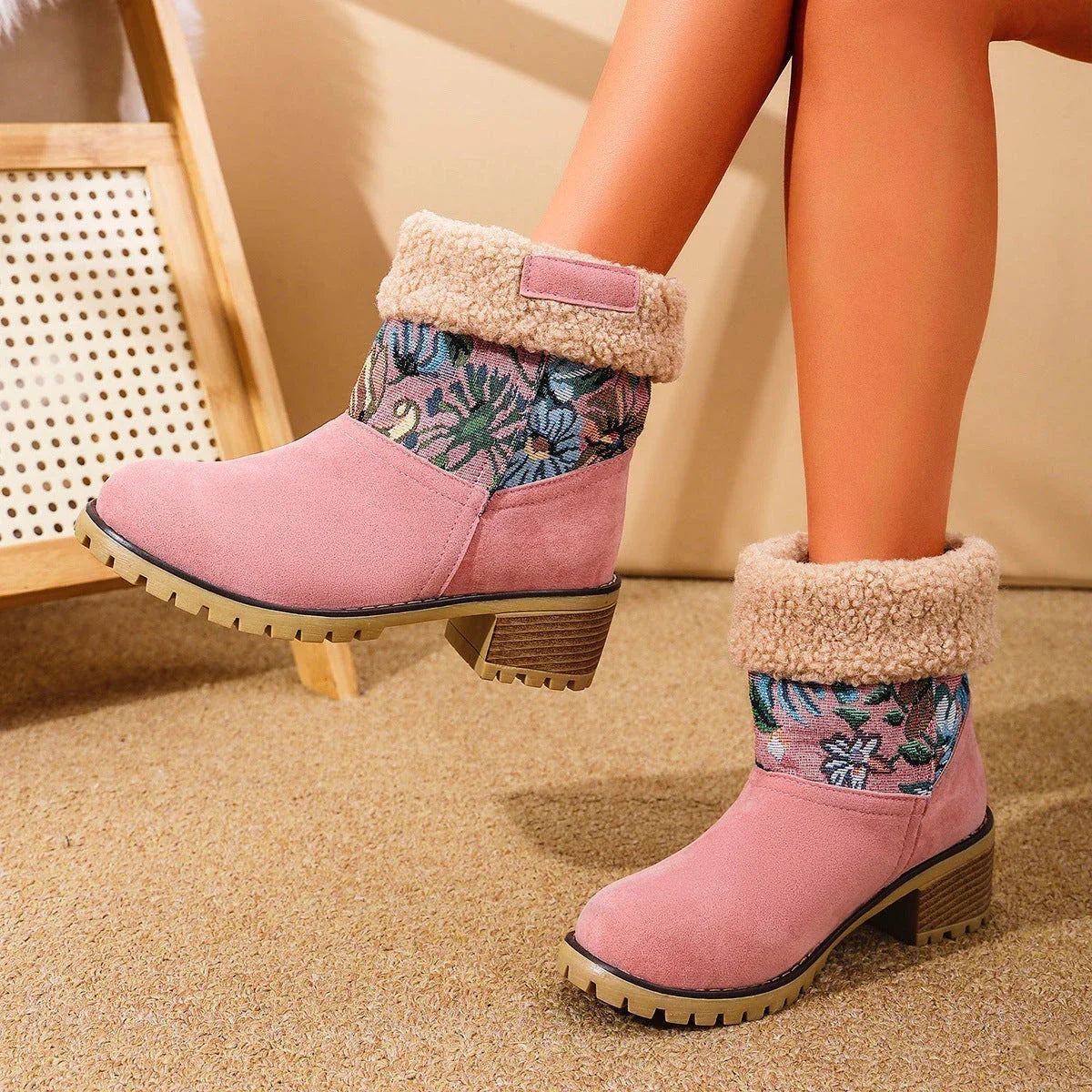 Elegant floral embroidered snow boots in various colors and sizes for women