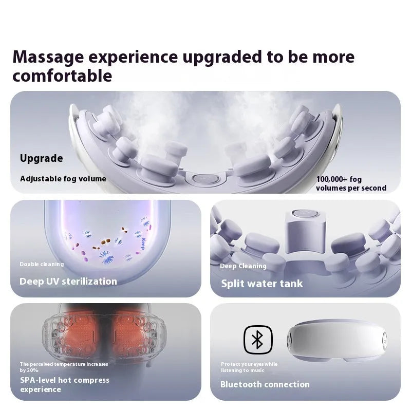 Bluetooth hot compress and steam moisturising eye massager device in purplish grey, green, or ink grey colour