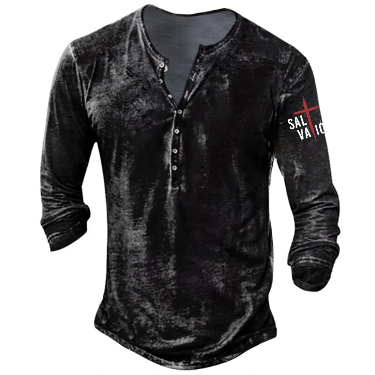 Plus size punk style pullover top with button-down collar and arm cross print, available in multiple colours and sizes.