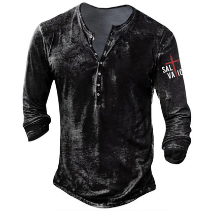 Plus size punk style pullover top with button-down collar and arm cross print, available in multiple colours and sizes.