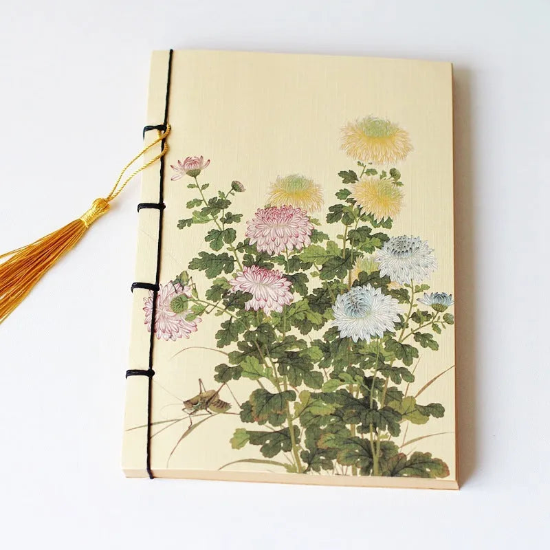 A5 antique wire-bound notebook with classical artwork cover, black oil wax rope binding, and decorative tassels