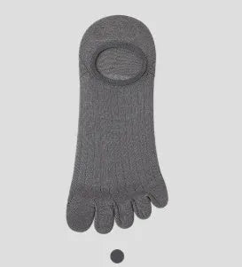 Pair of solid colour modal five-finger socks laid flat, showing toe separation and thin fabric texture.