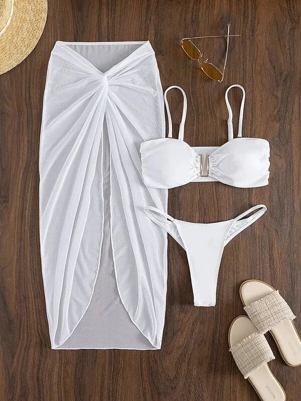 Women's multicolour French-style bikini three-piece set featuring a long culotte skirt.