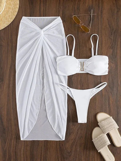 Women's multicolour French-style bikini three-piece set featuring a long culotte skirt.