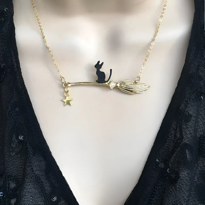 Black cat pendant necklace for women in alloy with gold, silver, and black cat colour variations.