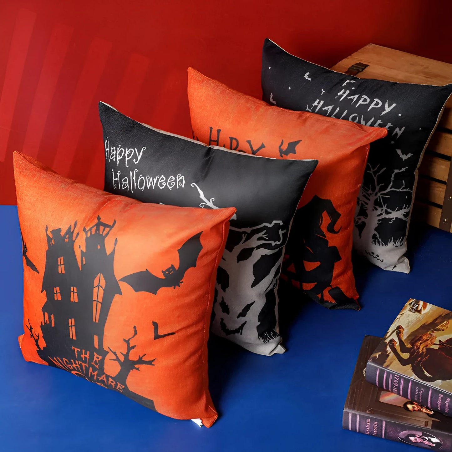 Halloween-themed square cloth pillowcase showing four design options: castle, ghost, pumpkin, and witch styles.