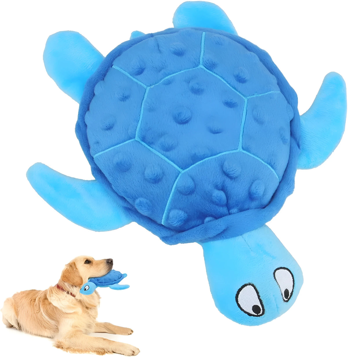 Blue sea turtle plush dog toy with squeaker, crinkle and rattle sounds for small dogs.