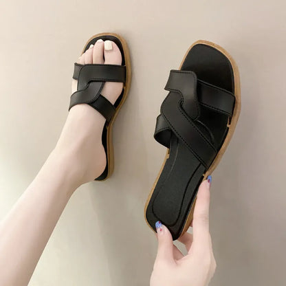 Women's PVC toe ring slippers with solid colour cross straps and non-slip sole